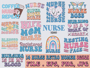 nurse retro women's shirt bundle, nurse t-shirt, nurse retro design bundle ,Files for Cutting, bag, cups, card, EPS 10, PNG
