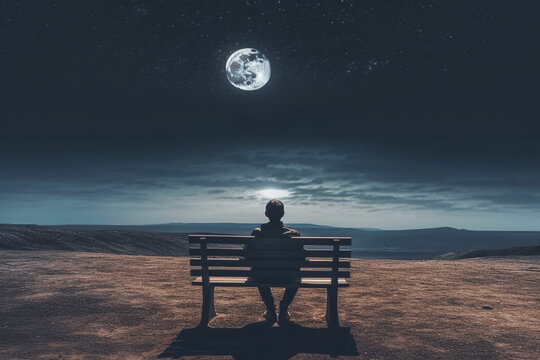 Lenely man sits on bench with view on moon