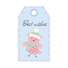 Christmas tag with cute owl in hat and scarf. Best wishes. Holiday gift label template.