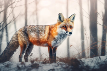 Obraz premium Captivating red fox hunting prey in snowy woods, double exposure style, wintery tones with frosted ambiance, mysterious allure, site-specific artwork – balanced duality of ice. Generative AI