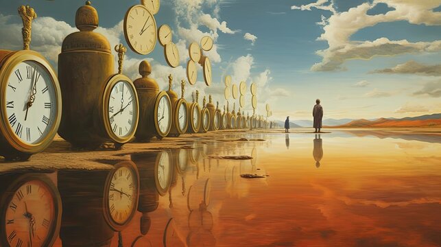 Abstract ilustration of a man standing in front of a row of clocks at desert

