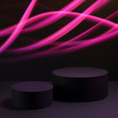 Black abstract stage with two circle podiums mockup, pink lines of move glowing rays, lights for presentation cosmetic products, goods, design, advertising, black friday, in party neon style, square.