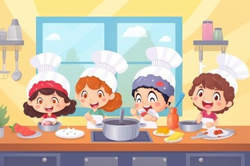 Cartoon little children cooking in the kitchen. Generative AI