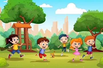 Obraz na płótnie Canvas Cartoon children playing in the park. Generative AI