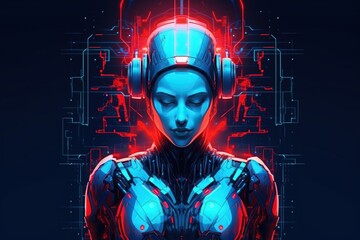 Naklejka na ściany i meble Illustration of a cyborg woman and Ai technology background , AI Generated.