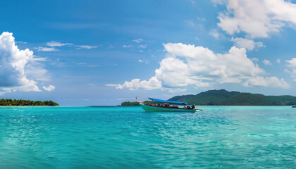 Fototapeta na wymiar Boat in turquoise ocean water against blue sky with white clouds and tropical island. Natural landscape for summer vacation, panoramic view