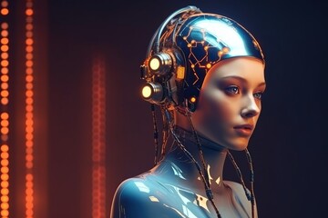 Illustration of a cyborg woman and Ai technology background , AI Generated.