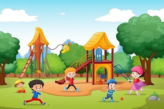 Cartoon children playing in the park. Generative AI