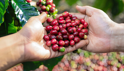 Hands holding red coffee beans in a coffee farm