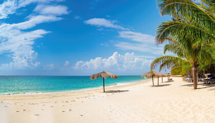 Fototapeta na wymiar Landscape Wide angle sunny beach with blue sea water, white sand, coconut trees, blue sky with beautiful white clouds, leaf huts