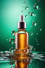 Cosmetics dropper bottle mockup in water with bubbles. AI generative