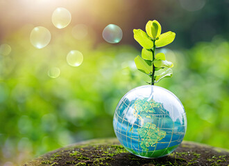 Tree Thrives atop a Glass Globe, Embodying the Concept of Eco Earth Day, Environmental Protection, and Inspiring an Image of Harmonious Growth in Nature