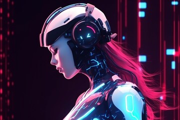Illustration of a cyborg woman and Ai technology background , AI Generated.