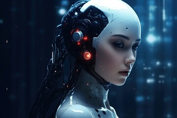 Illustration of a cyborg woman and Ai technology background , AI Generated.