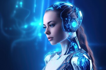Illustration of a cyborg woman and Ai technology background , AI Generated.