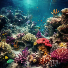 Fototapeta na wymiar Fondo natural con detalle de rocas y corales de varios tonos, con peces tropicales