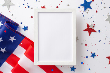 Obraz premium Labor Day in USA concept. Above view photo of empty wooden frame surrounded by white, blue and red star-shaped sparkles and american flag on white isolated background with copy-space