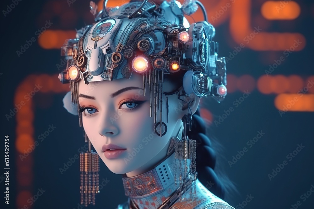 Wall mural Illustration of a cyborg woman and Ai technology background , AI Generated.