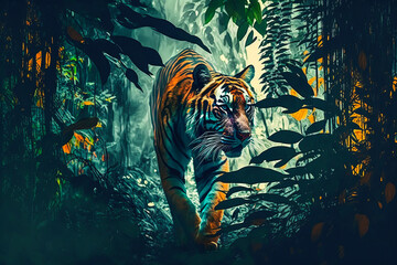 Captivating Bengal tiger stalking through dense jungle, double exposure style, vibrant stealth, vivid tropical tones, powerful site-specific artwork, balanced intensity, foliage. Generative AI