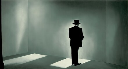 Obraz premium a man in a suit and top hat standing in an empty room, generative AI.