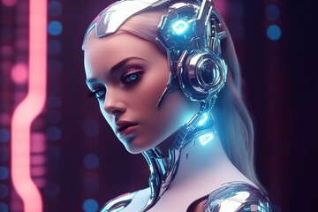 Illustration of a cyborg woman and Ai technology background , AI Generated.