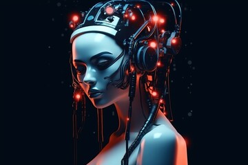 Illustration of a cyborg woman and Ai technology background , AI Generated.