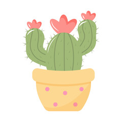 Cute blooming cactus in a pot. Domestic plant in pastel colors isolated on white background.