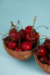 ripe summer sweet cherries of red-burgundy color in a coconut shell on a blue light background. for flyers labels screensavers and more