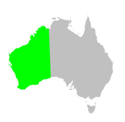 Vector map of the state of Western Australia highlighted highlighted in bright green on a map of Australia.