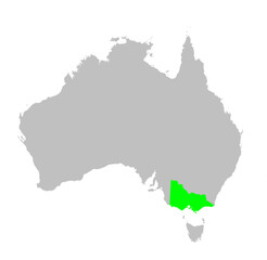 Vector map of the state of Victoria highlighted highlighted in bright green on a map of Australia.