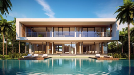 Fototapeta premium Luxury Minimalist Design Mansion house with Stunning Pool and Garden View. Generative AI