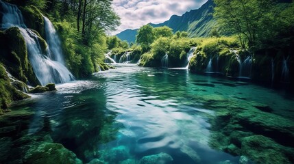 Stunning high-resolution photo for Earth Day: pristine mountains, green forests, a crystal clear lake reflecting the sky and mountains. A vast unspoilt landscape is recorded. Generative ai.