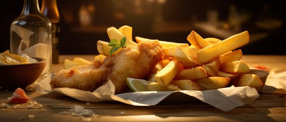 Delicious French fries and deep-fried fish. Golden and crispy fish battered and perfectly fried. Generative AI