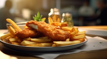 Delicious French fries and deep-fried fish. Golden and crispy fish battered and perfectly fried. Generative AI