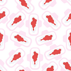 Seamless pattern with used female pad with blood on white background. Feminine hygiene. Personal hygiene item for menstruation. Used female pad with blood. Vector illustration. © Morena