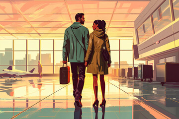 Young couple at the airport. Conceptual artwork on holidays and travel. Generative AI
