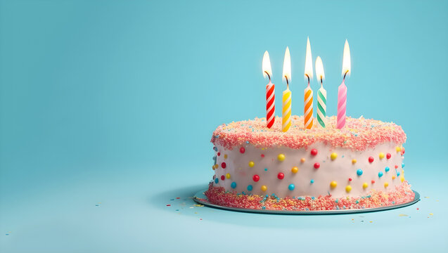 birthday cake with candles on blue background with copy space created with Generative AI