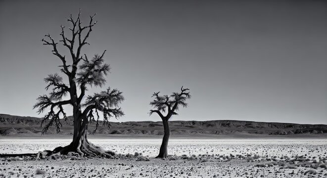 a black and white photo of a tree in the desert, generative AI.