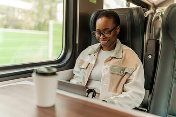 Businesswoman sitting in train commuting to work looking out of window. enjoying the view.