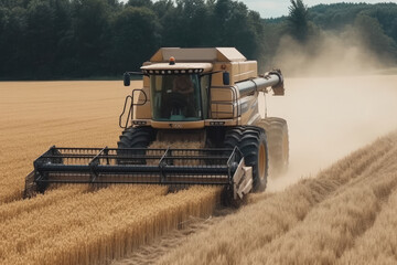 Fototapeta premium Combine harvester working on a wheat crop. Harvester machine to harvest wheat field working. Generative AI