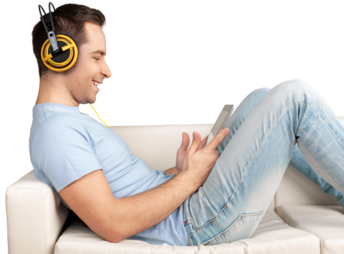 Portrait of young handsome man using digital tablet on white background