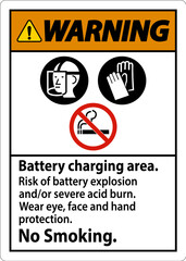Warning Sign Battery Charging Area, Risk of Battery Explosion or Severe Acid Burn, No Smoking