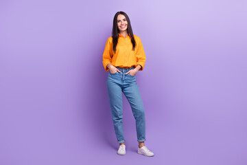 Full size photo of optimistic good mood woman straight hairdo oversize shirt hold arms in pockets...
