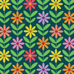 Retro Mod Colorful flowers seamless pattern with green leaves in orange, yellow, purple ,coral and pink on dark background. 