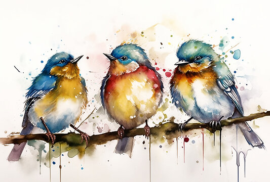 Watercolor painting of three little colorful birds perched on a branch. Generative AI.