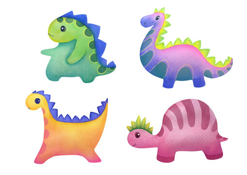 Hand-painted watercolor cute multicolored dinosaurs isolated on transparent background. set illustrations for childish books and encyclopedias about Mesozoic era, Jurassic, Cretaceous periods