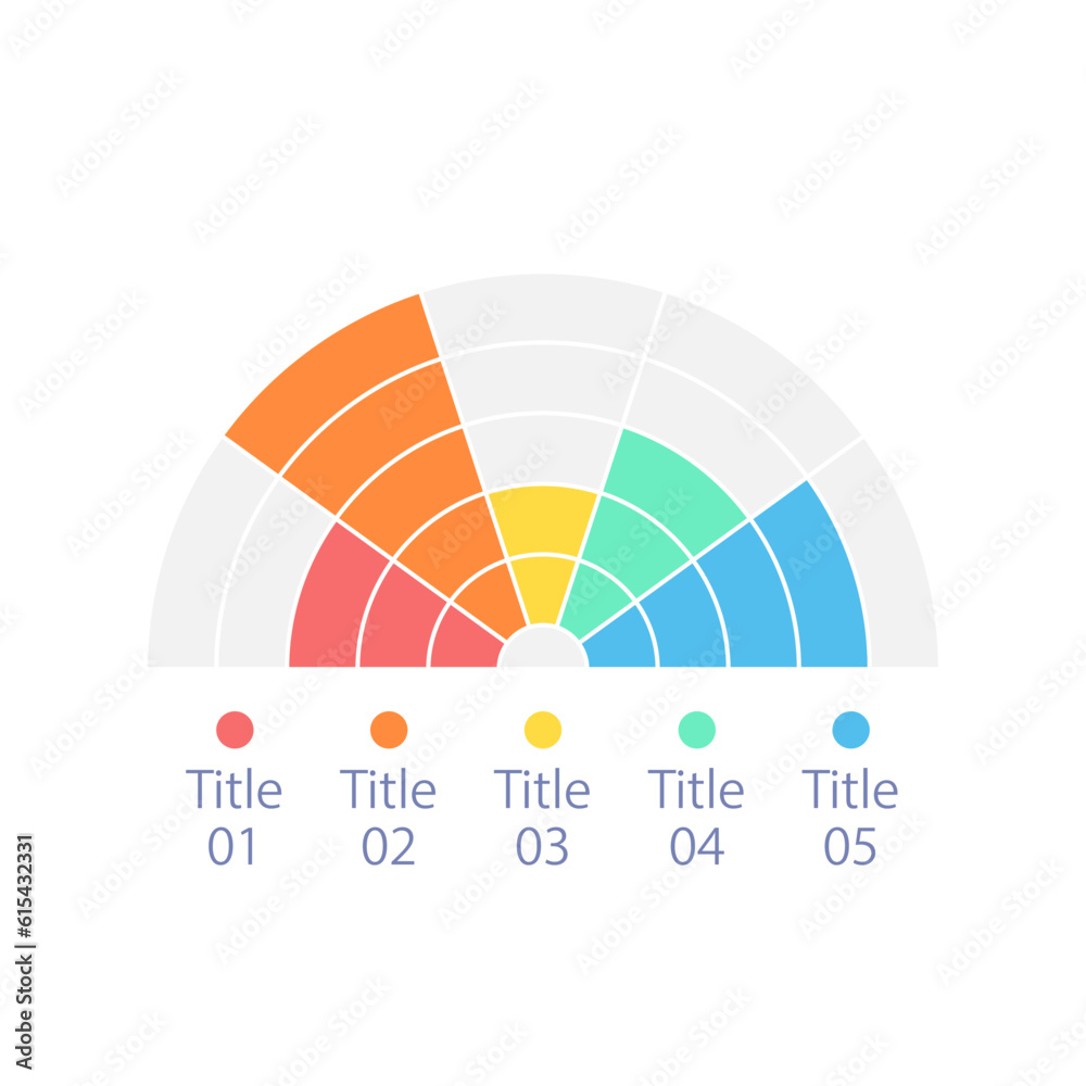 Poster semi circle infographic chart design template with five units. diagram sections. editable half round
