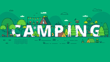 Horizontal Illustration Lettering Word Camping on Green Background