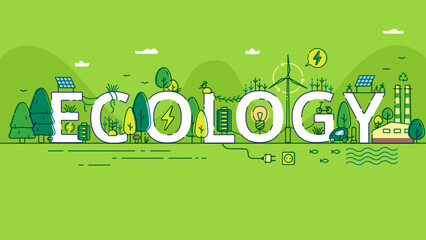 Horizontal Illustration Lettering Word Ecology on Green Background