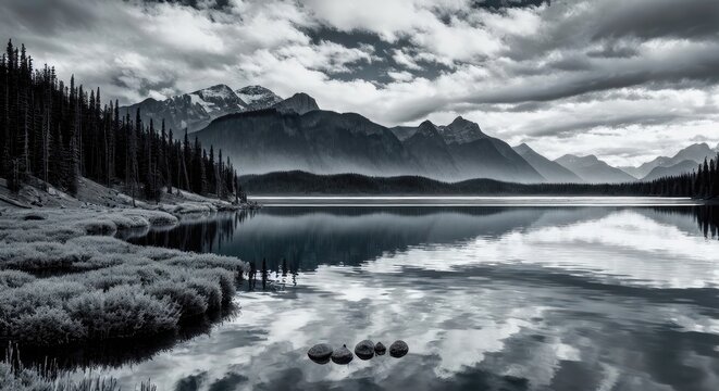 a black and white photo of a mountain lake, generative AI.